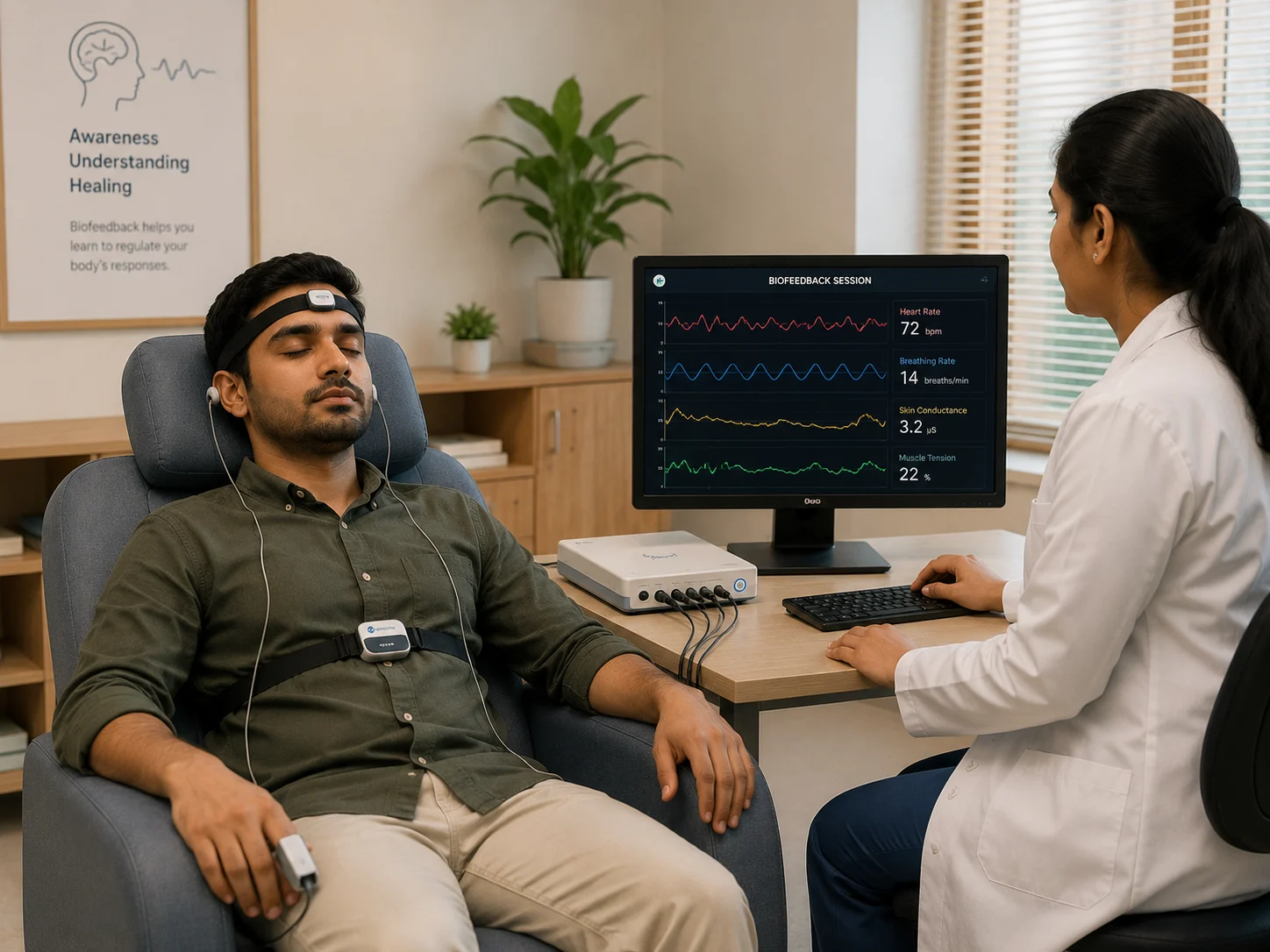 Patient learning self-regulation techniques through biofeedback therapy