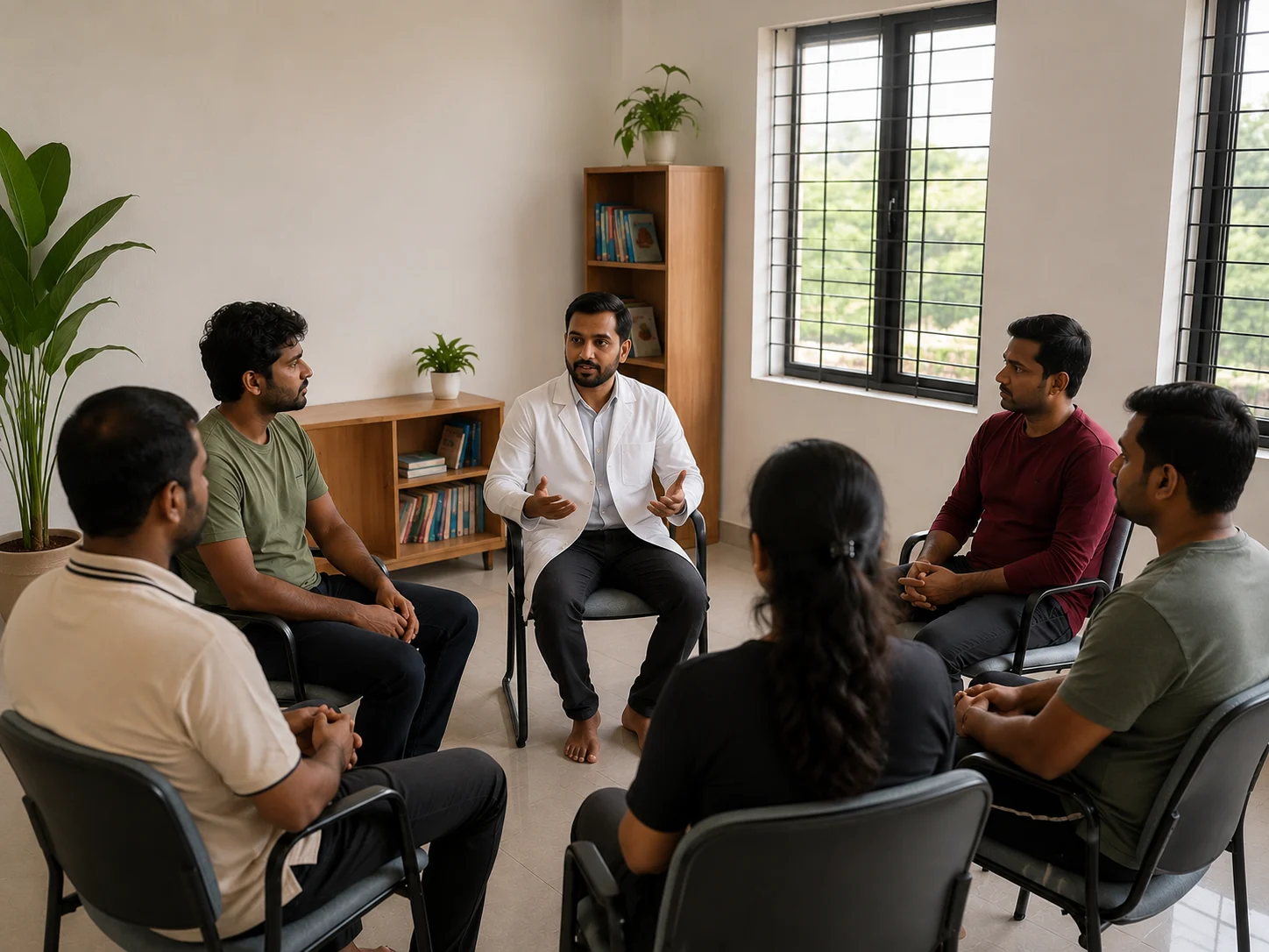 Patients supporting one another in a group therapy session