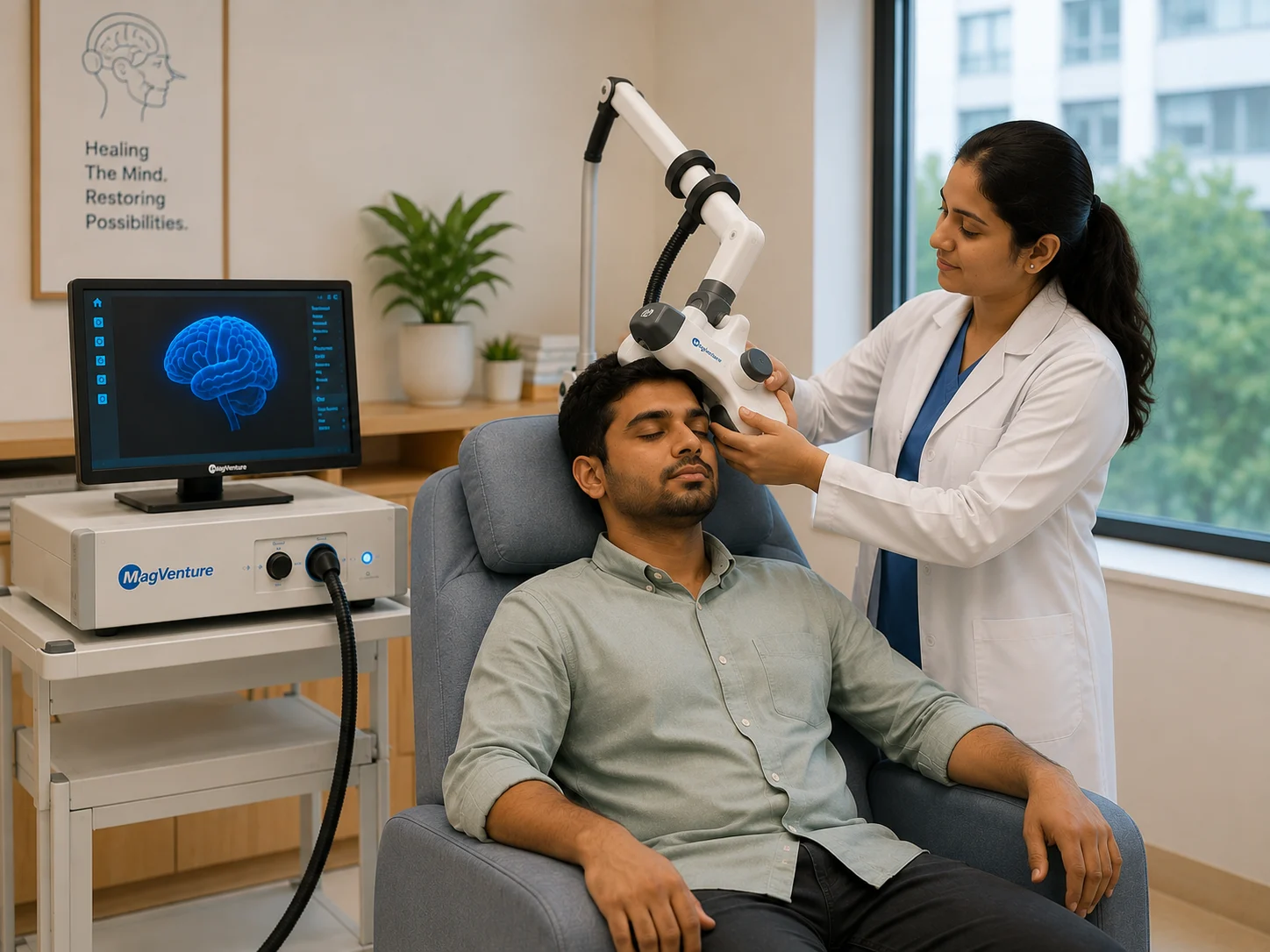 Psychiatrist reviewing rTMS treatment progress with a patient